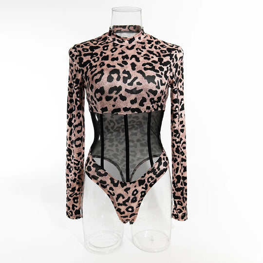 Koltailace Bodysuit Ladies' wild and sexy transparent mesh shaping long sleeved leopard print outfit sexy lingеrie set