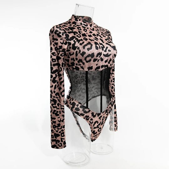 Koltailace Bodysuit Ladies' wild and sexy transparent mesh shaping long sleeved leopard print outfit sexy lingеrie set