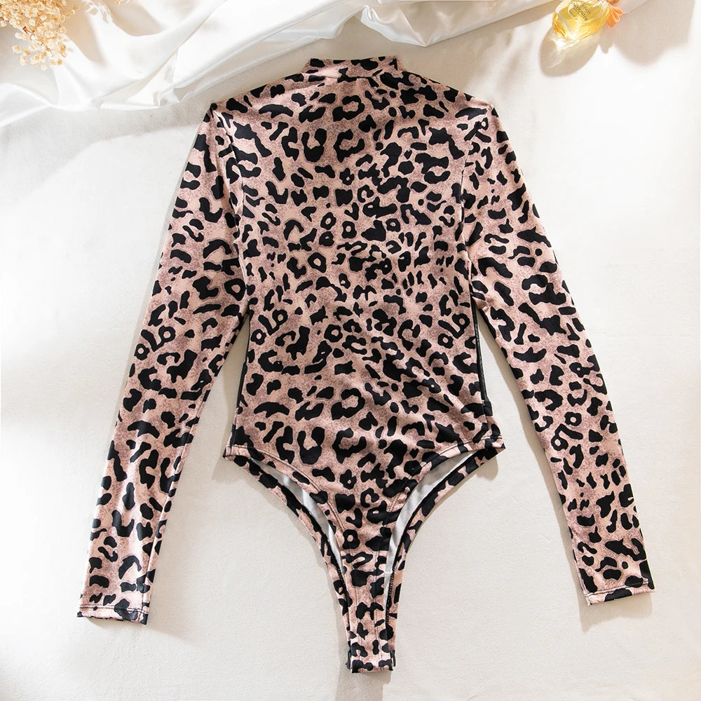 Koltailace Bodysuit Ladies' wild and sexy transparent mesh shaping long sleeved leopard print outfit sexy lingеrie set