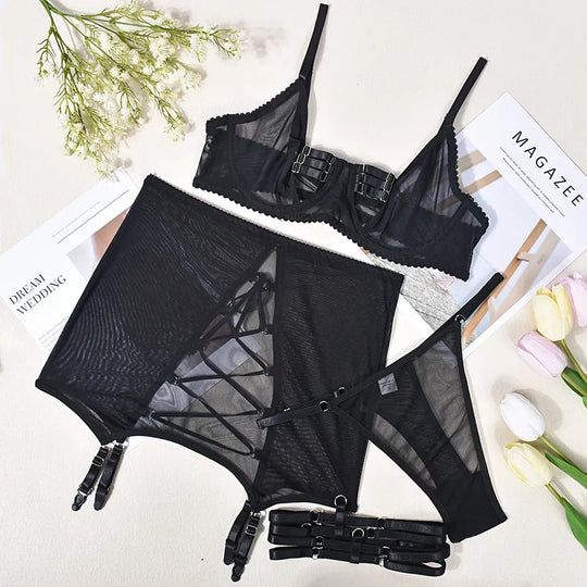 Yimunancy Cut Out Erotic Set Women Mesh Transparent 4-Piece Black Garter Lingerie Set Back Open Brief Underwear Set - Herr Provocateur