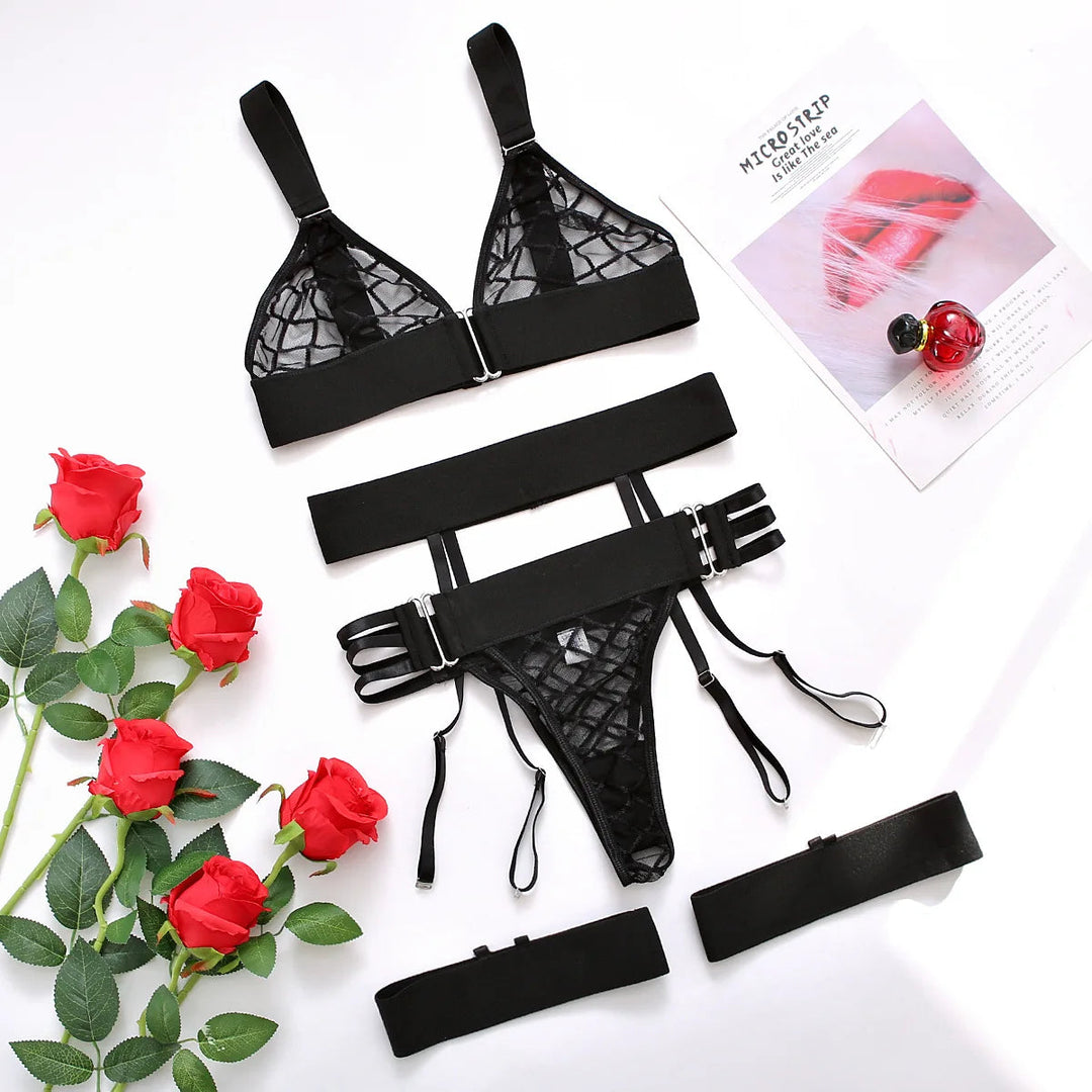 Ellolace Rhomboid Erotic Lingerie Sensual Sheer Exotic Costumes Transparent Bra Sexy Garters Porn Sissy Maid Outfit - Herr Provocateur