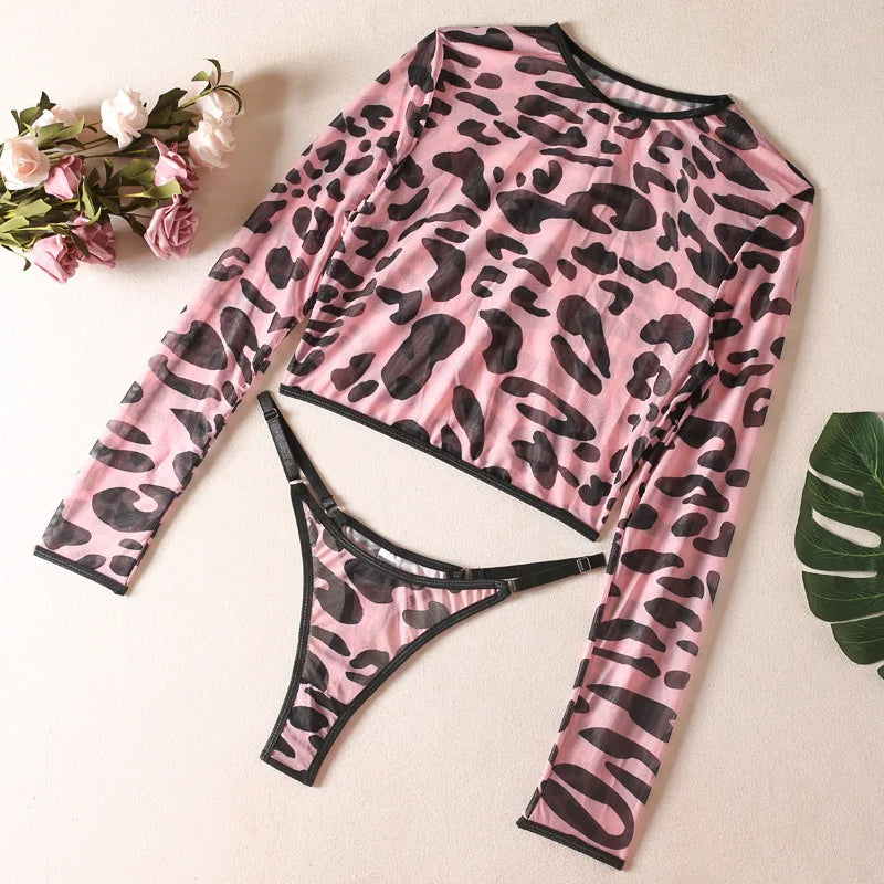 Ellolace Leopard Lingerie Outfits Light Pink Tops Long Sleeve Sets For Women 2 Pieces Contrast Color Young Girl Intim Goods - Herr Provocateur