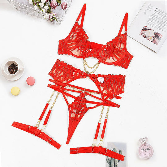 Ellolace Red Hot Sexy Lingerie Push Up Fantasy Underwear Brazilian Intimate Sets Transparent Lace Luxury Obsessive Outfits - Herr Provocateur