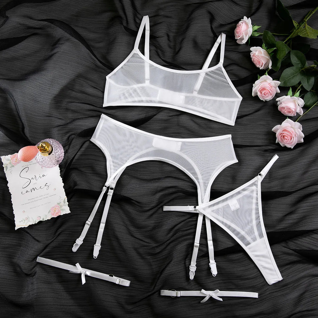 Yimunancy Mesh Transparent Basic Lingerie Women Bow Garter Wilress Bra + Panty Underwear Set Everyday Sexy Erotic Set - Herr Provocateur