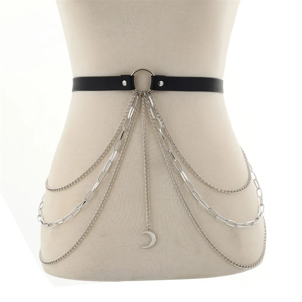 Sexy Body Harness Faux Leather Goth Belts With Chains Moon Pendants Belly Fashion Body Jewelry Gothic Accessories